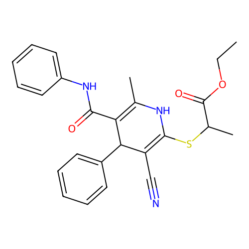 ethyl 2-((3-cyano-6-methyl-4-phenyl-5-(phenylcarbamoyl)-1,4-dihydropyridin-2-yl)thio)propanoate structure