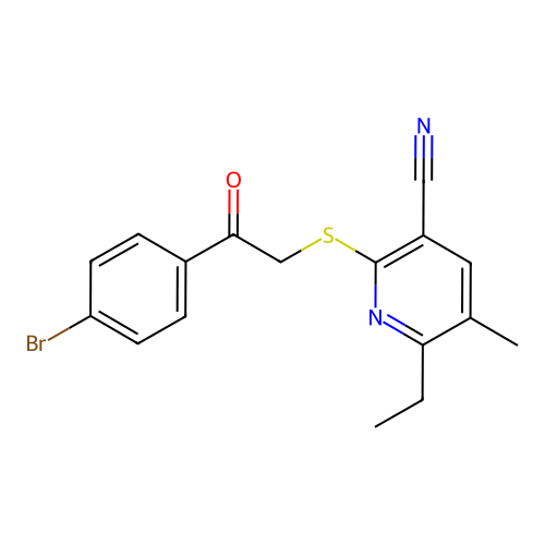 2-((2-(4-bromophenyl)-2-oxoethyl)thio)-6-ethyl-5-methylnicotinonitrile structure