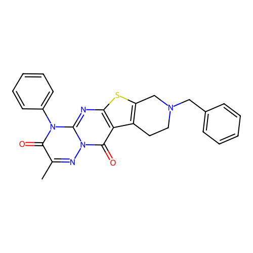 8-benzyl-2-methyl-4-phenyl-7,8,9,10-tetrahydro-3H-pyrido[4'',3'':4',5']thieno[2',3':4,5]pyrimido[1,2-b][1,2,4]triazine-3,11(4H)-dione structure