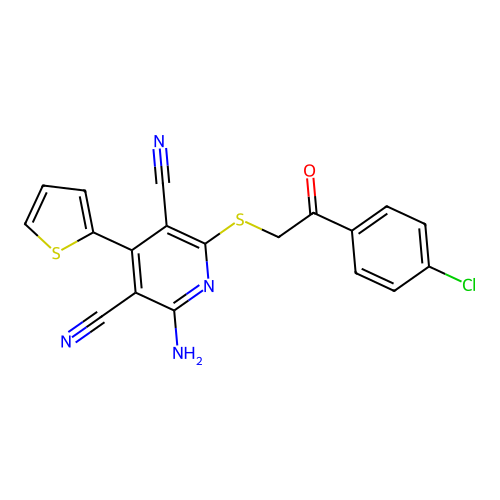 2-amino-6-((2-(4-chlorophenyl)-2-oxoethyl)thio)-4-(thiophen-2-yl)pyridine-3,5-dicarbonitrile structure