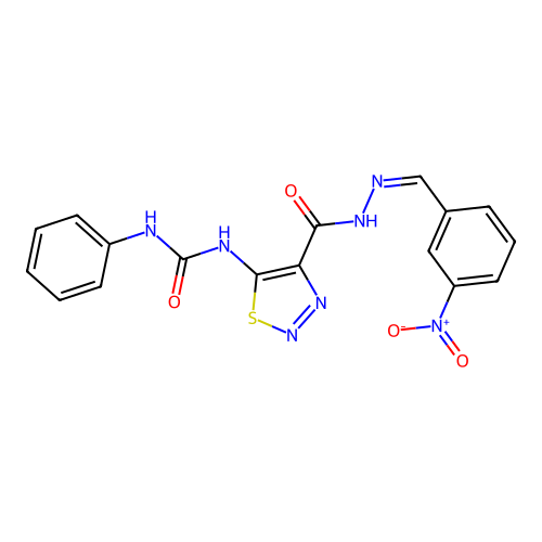 N-[(Z)-(3-nitrophenyl)methylideneamino]-5-(phenylcarbamoylamino)thiadiazole-4-carboxamide structure