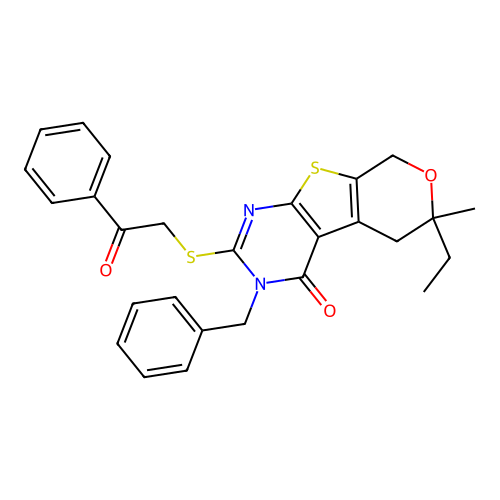 3-benzyl-6-ethyl-6-methyl-2-((2-oxo-2-phenylethyl)thio)-5,6-dihydro-3H-pyrano[4',3':4,5]thieno[2,3-d]pyrimidin-4(8H)-one structure