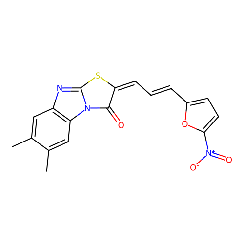 (2E)-6,7-dimethyl-2-[(2E)-3-(5-nitrofuran-2-yl)prop-2-en-1-ylidene][1,3]thiazolo[3,2-a]benzimidazol-3(2H)-one structure