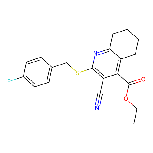 ethyl 3-cyano-2-((4-fluorobenzyl)thio)-5,6,7,8-tetrahydroquinoline-4-carboxylate structure