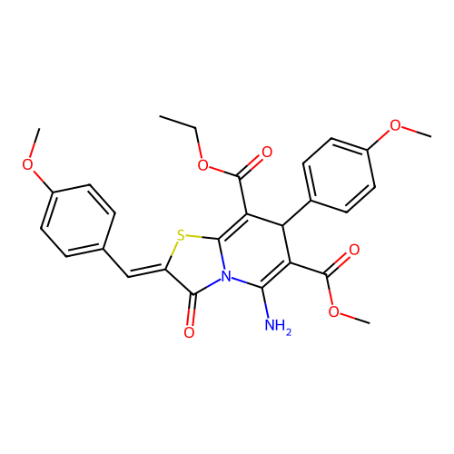 (Z)-8-ethyl 6-methyl 5-amino-2-(4-methoxybenzylidene)-7-(4-methoxyphenyl)-3-oxo-3,7-dihydro-2H-thiazolo[3,2-a]pyridine-6,8-dicarboxylate structure