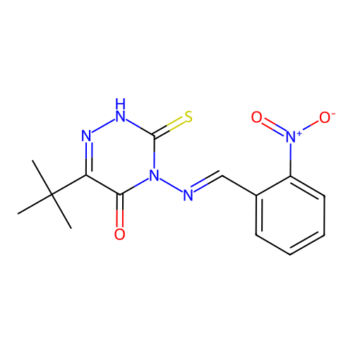 (E)-6-(tert-butyl)-3-mercapto-4-((2-nitrobenzylidene)amino)-1,2,4-triazin-5(4H)-one structure