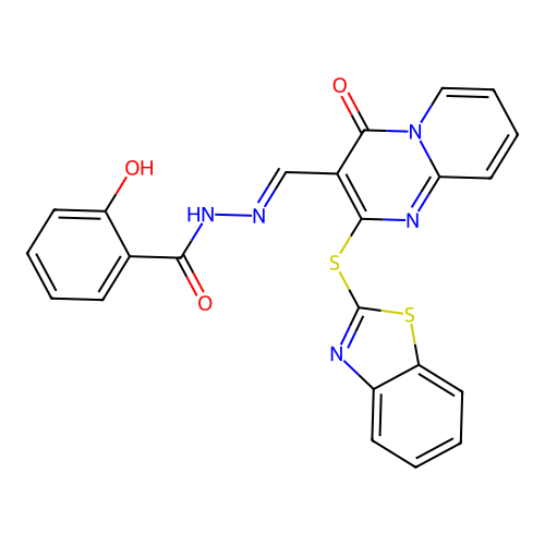 (E)-N'-((2-(benzo[d]thiazol-2-ylthio)-4-oxo-4H-pyrido[1,2-a]pyrimidin-3-yl)methylene)-2-hydroxybenzohydrazide structure