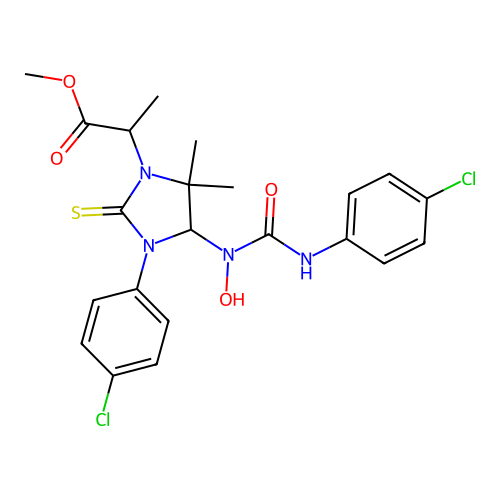 methyl 2-(3-(4-chlorophenyl)-4-(3-(4-chlorophenyl)-1-hydroxyureido)-5,5-dimethyl-2-thioxoimidazolidin-1-yl)propanoate structure