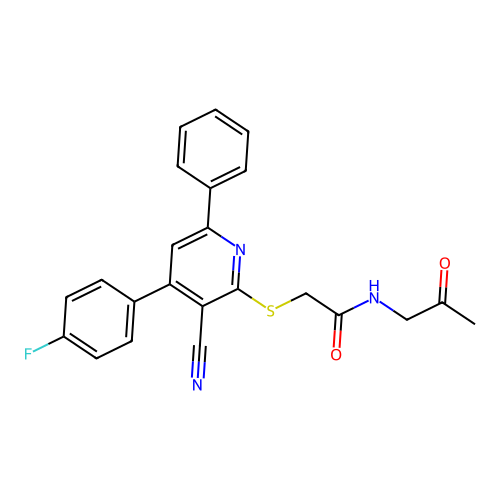 2-((3-cyano-4-(4-fluorophenyl)-6-phenylpyridin-2-yl)thio)-N-(2-oxopropyl)acetamide structure