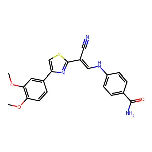 (E)-4-((2-cyano-2-(4-(3,4-dimethoxyphenyl)thiazol-2-yl)vinyl)amino)benzamide structure