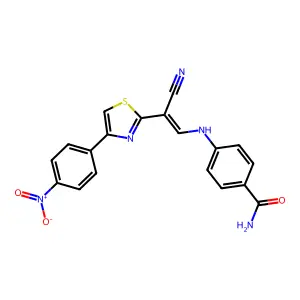 (E)-4-((2-cyano-2-(4-(4-nitrophenyl)thiazol-2-yl)vinyl)amino)benzamide structure