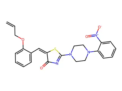 (5E)-2-[4-(2-nitrophenyl)piperazin-1-yl]-5-[(2-prop-2-enoxyphenyl)methylidene]-1,3-thiazol-4-one structure