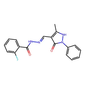 2-fluoro-N-[(5-methyl-3-oxo-2-phenyl-1H-pyrazol-4-yl)methylideneamino]benzamide structure