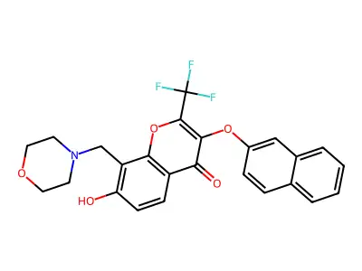 7-hydroxy-8-(morpholin-4-ylmethyl)-3-naphthalen-2-yloxy-2-(trifluoromethyl)chromen-4-one structure