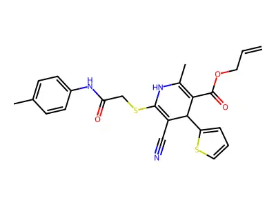 allyl 5-cyano-2-methyl-6-((2-oxo-2-(p-tolylamino)ethyl)thio)-4-(thiophen-2-yl)-1,4-dihydropyridine-3-carboxylate structure