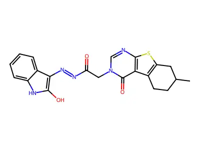 (7-Methyl-4-oxo-5,6,7,8-tetrahydro-4H-benzo[4,5]thieno[2,3-d]pyrimidin-3-yl)-acetic acid [2-oxo-1,2-dihydro-indol-(3Z)-ylidene]-hydrazide structure