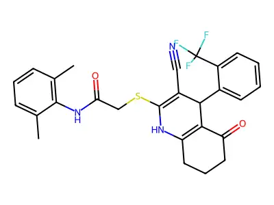 2-({3-cyano-5-oxo-4-[2-(trifluoromethyl)phenyl]-1,4,5,6,7,8-hexahydroquinolin-2-yl}sulfanyl)-N-(2,6-dimethylphenyl)acetamide structure