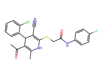 2-((5-acetyl-4-(2-chlorophenyl)-3-cyano-6-methyl-1,4-dihydropyridin-2-yl)thio)-N-(4-fluorophenyl)acetamide structure