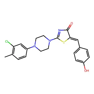 (5E)-2-[4-(3-chloro-4-methylphenyl)piperazin-1-yl]-5-(4-hydroxybenzylidene)-1,3-thiazol-4(5H)-one structure