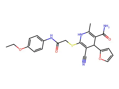 5-cyano-6-((2-((4-ethoxyphenyl)amino)-2-oxoethyl)thio)-4-(furan-2-yl)-2-methyl-1,4-dihydropyridine-3-carboxamide structure
