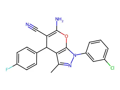6-amino-1-(3-chlorophenyl)-4-(4-fluorophenyl)-3-methyl-4H-pyrano[2,3-c]pyrazole-5-carbonitrile structure