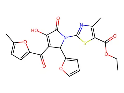 ethyl 2-{(3E)-2-(furan-2-yl)-3-[hydroxy(5-methylfuran-2-yl)methylidene]-4,5-dioxopyrrolidin-1-yl}-4-methyl-1,3-thiazole-5-carboxylate structure