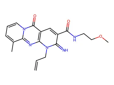 (2-imino-10-methyl-5-oxo-1-prop-2-enyl(1,6-dihydropyridino[2,3-d]pyridino[1,2-a]pyrimidin-3-yl))-N-(2-methoxyethyl)carboxamide structure