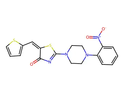 (E)-2-(4-(2-nitrophenyl)piperazin-1-yl)-5-(thiophen-2-ylmethylene)thiazol-4(5H)-one structure