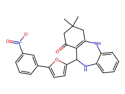 3,3-dimethyl-11-[5-(3-nitrophenyl)furan-2-yl]-2,3,4,5,10,11-hexahydro-1H-dibenzo[b,e][1,4]diazepin-1-one structure