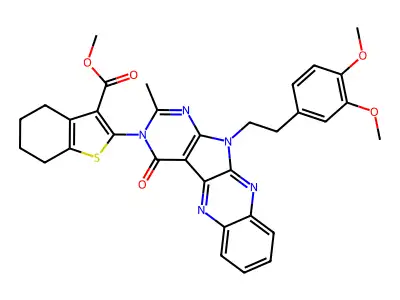 methyl 2-(11-(3,4-dimethoxyphenethyl)-2-methyl-4-oxo-4,11-dihydro-3H-pyrimido[5',4':4,5]pyrrolo[2,3-b]quinoxalin-3-yl)-4,5,6,7-tetrahydrobenzo[b]thiophene-3-carboxylate structure
