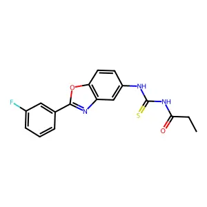 N-[[2-(3-fluorophenyl)-1,3-benzoxazol-5-yl]carbamothioyl]propanamide structure