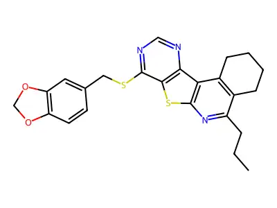 8-[(1,3-benzodioxol-5-ylmethyl)sulfanyl]-5-propyl-1,2,3,4-tetrahydropyrimido[4',5':4,5]thieno[2,3-c]isoquinoline structure
