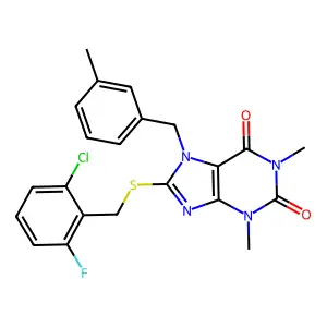 8-((2-chloro-6-fluorobenzyl)thio)-1,3-dimethyl-7-(3-methylbenzyl)-1H-purine-2,6(3H,7H)-dione structure