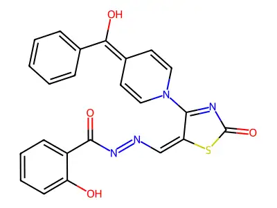 (E)-4-(4-benzoylpyridin-1-ium-1-yl)-5-((2-(2-hydroxybenzoyl)hydrazono)methyl)-2-oxothiazol-3-ide structure