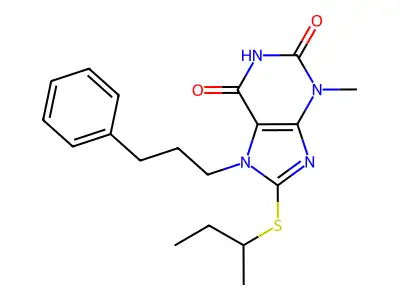 8-(sec-butylthio)-3-methyl-7-(3-phenylpropyl)-1H-purine-2,6(3H,7H)-dione structure