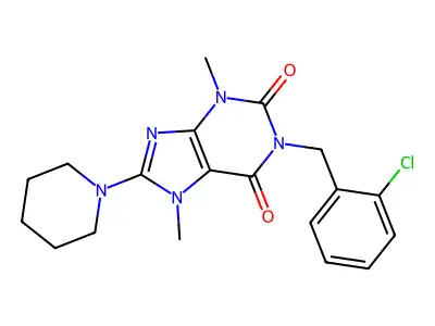 1-(2-chlorobenzyl)-3,7-dimethyl-8-(piperidin-1-yl)-1H-purine-2,6(3H,7H)-dione structure