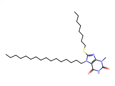 7-hexadecyl-3-methyl-8-(octylsulfanyl)-3,7-dihydro-1H-purine-2,6-dione structure