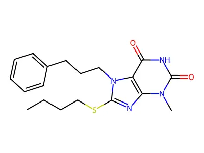 8-(butylthio)-3-methyl-7-(3-phenylpropyl)-1H-purine-2,6(3H,7H)-dione structure