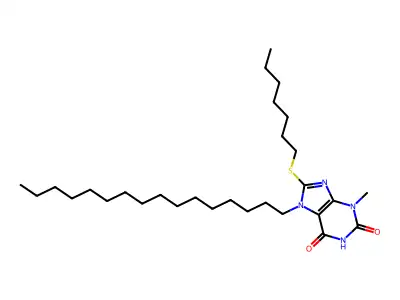 8-(heptylsulfanyl)-7-hexadecyl-3-methyl-3,7-dihydro-1H-purine-2,6-dione structure