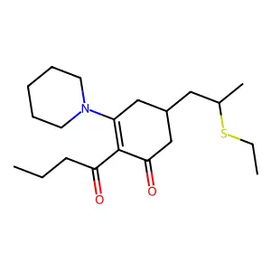 2-Butanoyl-5-(2-ethylsulfanylpropyl)-3-piperidin-1-ylcyclohex-2-en-1-one structure