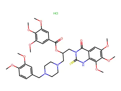 Benzoic acid, 3,4,5-trimethoxy-, 2-(1,4-dihydro-6,7,8-trimethoxy-4-oxo-2-thioxo-3(2H)-quinazolinyl)-1-((4-((3,4-dimethoxyphenyl)methyl)-1-piperazinyl)methyl)ethyl ester, hydrochloride structure