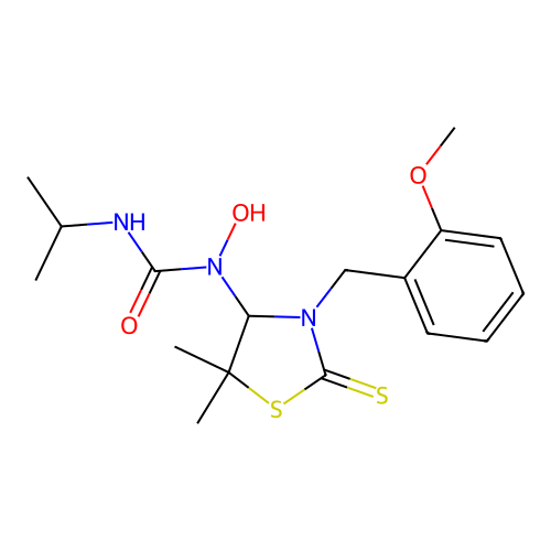 1-hydroxy-3-isopropyl-1-(3-(2-methoxybenzyl)-5,5-dimethyl-2-thioxothiazolidin-4-yl)urea structure