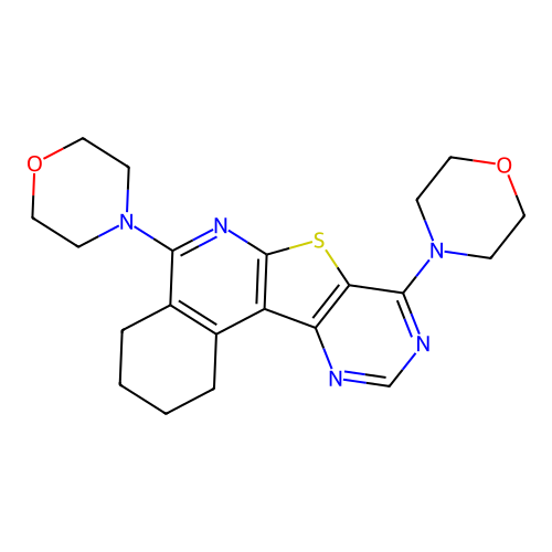 4,4'-(1,2,3,4-tetrahydropyrimido[4',5':4,5]thieno[2,3-c]isoquinoline-5,8-diyl)dimorpholine structure