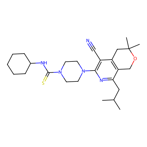 4-(5-cyano-8-isobutyl-3,3-dimethyl-3,4-dihydro-1H-pyrano[3,4-c]pyridin-6-yl)-N-cyclohexylpiperazine-1-carbothioamide structure