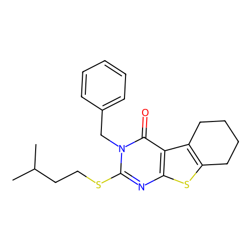 3-benzyl-2-[(3-methylbutyl)sulfanyl]-5,6,7,8-tetrahydro[1]benzothieno[2,3-d]pyrimidin-4(3H)-one structure