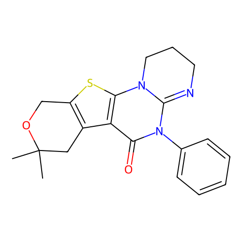8,8-dimethyl-5-phenyl-1,2,3,5,7,10-hexahydro-6H,8H-pyrano[4',3':4,5]thieno[3,2-e]pyrimido[1,2-a]pyrimidin-6-one structure