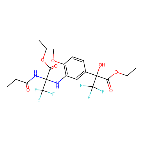 ethyl 2-((5-(3-ethoxy-1,1,1-trifluoro-2-hydroxy-3-oxopropan-2-yl)-2-methoxyphenyl)amino)-3,3,3-trifluoro-2-propionamidopropanoate structure