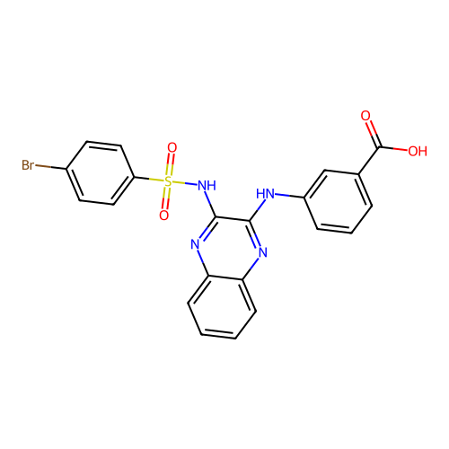 3-[(3-{[(4-Bromophenyl)sulfonyl]amino}quinoxalin-2-yl)amino]benzoic acid structure