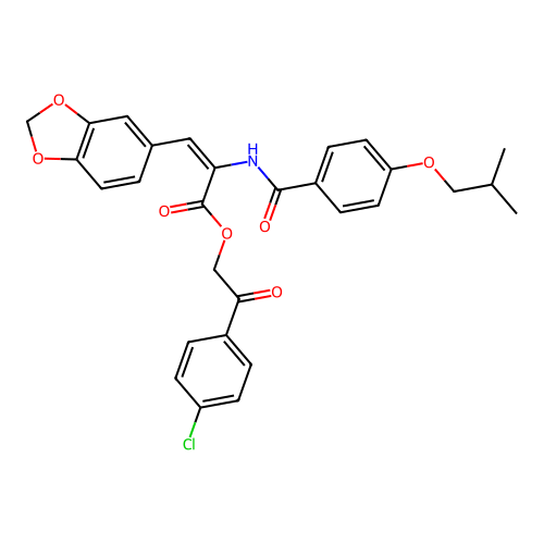 (E)-2-(4-chlorophenyl)-2-oxoethyl 3-(benzo[d][1,3]dioxol-5-yl)-2-(4-isobutoxybenzamido)acrylate structure
