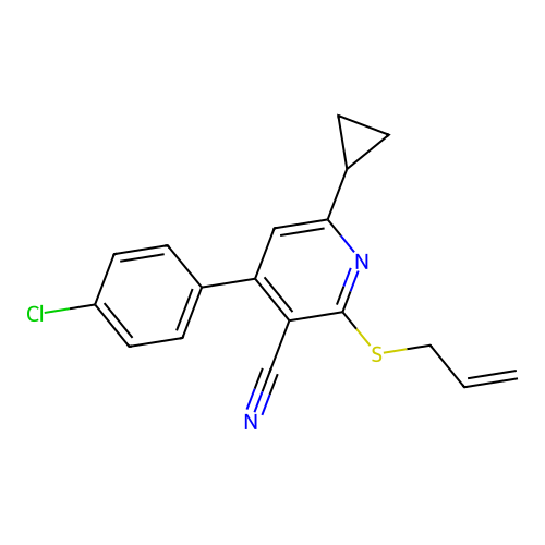 2-(allylthio)-4-(4-chlorophenyl)-6-cyclopropylnicotinonitrile structure